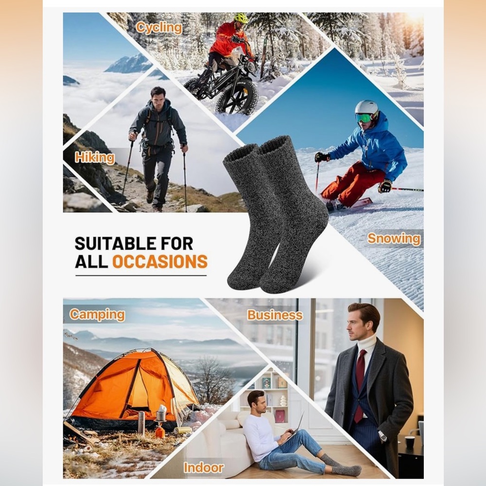 🆕 Merino Wool Socks for Men, 5 Pairs Thermal Warm Hiking Super Thick Crew - Picture 4 of 5